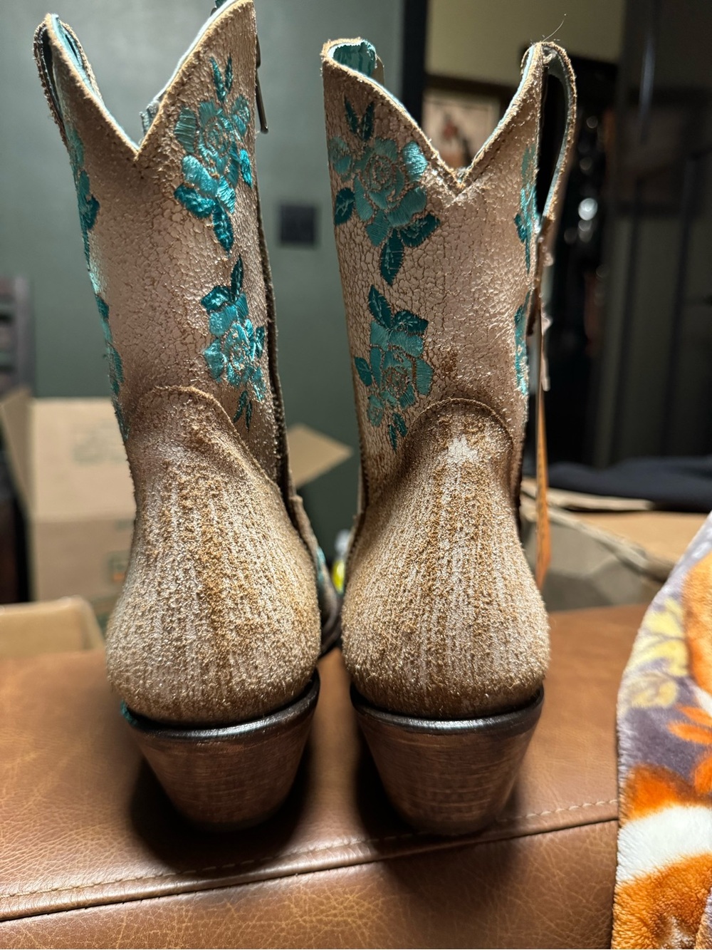 Corral Beige Suede Ankle Boots with Turquoise Floral Embroidery - Picture 3 of 7